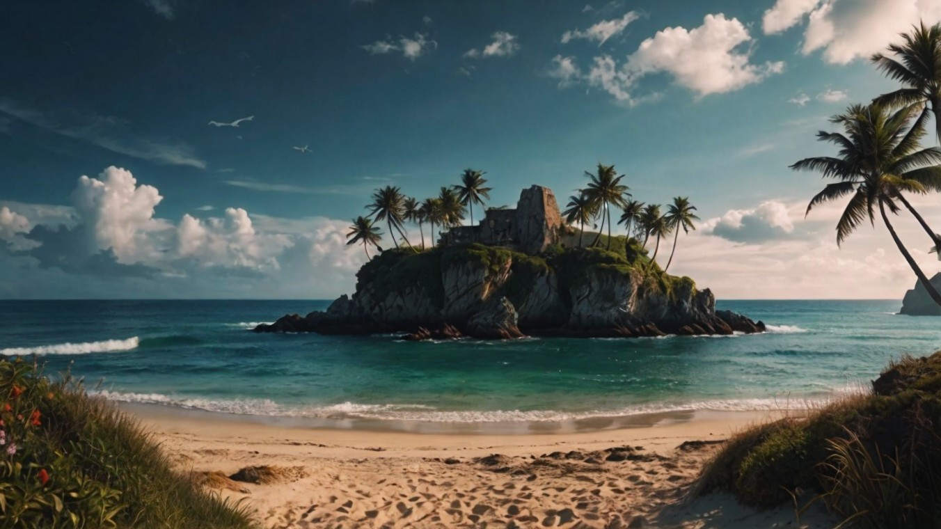 Secluded Island with Lush Palm Trees and Sandy Beach