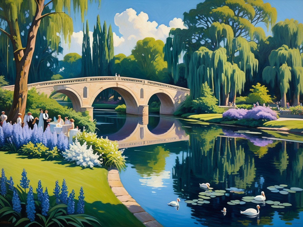 Serene Park with Stone Bridge and Calm River Scene