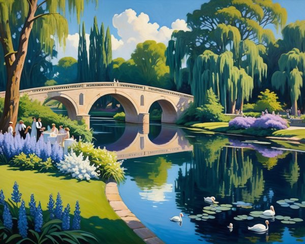 Serene Park with Stone Bridge and Calm River Scene