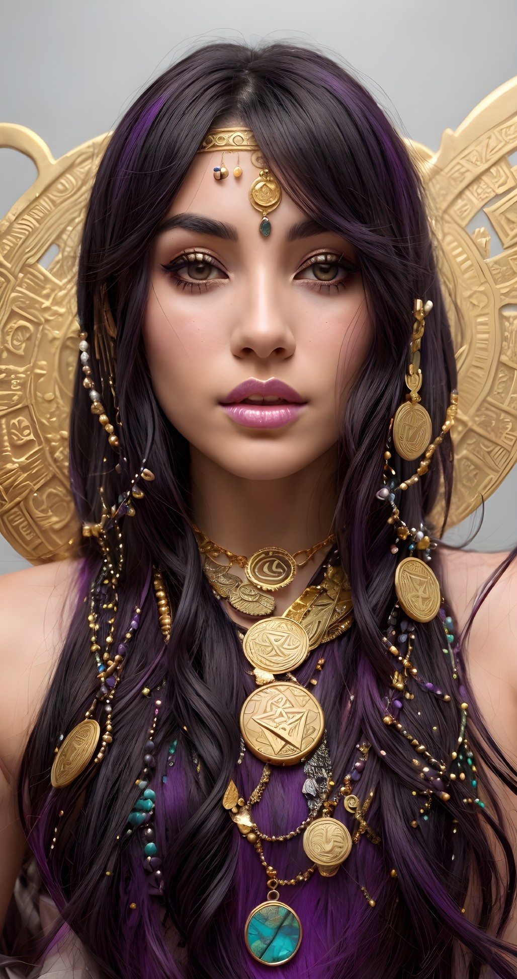 Portrait of a woman with dark hair and gold jewelry