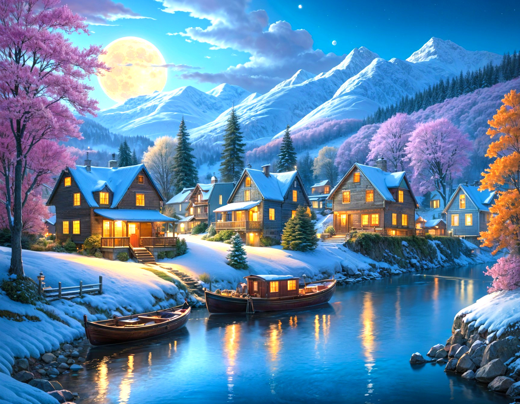 Winter Scene with Wooden Houses and Cherry Blossoms