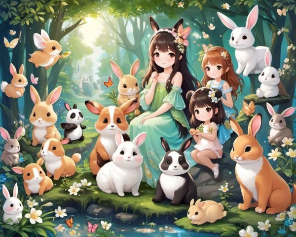 Girls in Dresses Surrounded by Cute Forest Animals