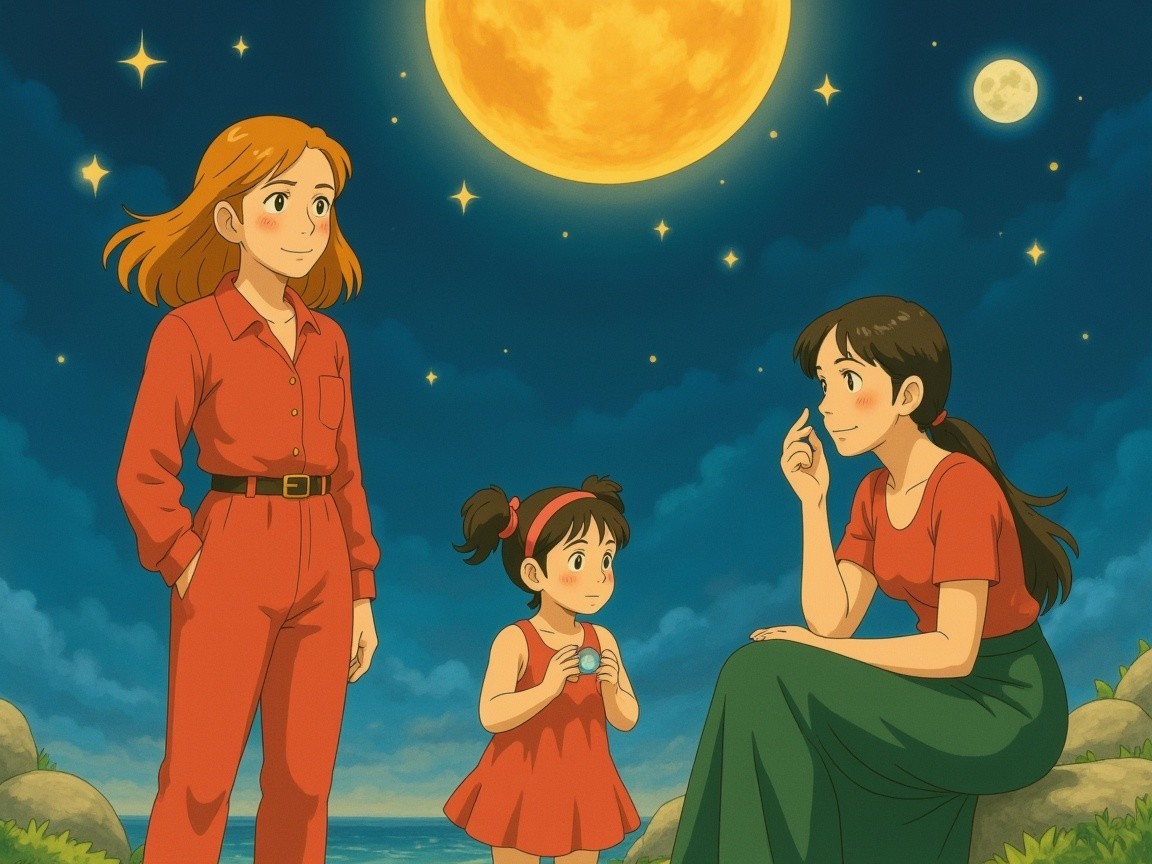 Twilight Shore Scene with Women and Child in Red