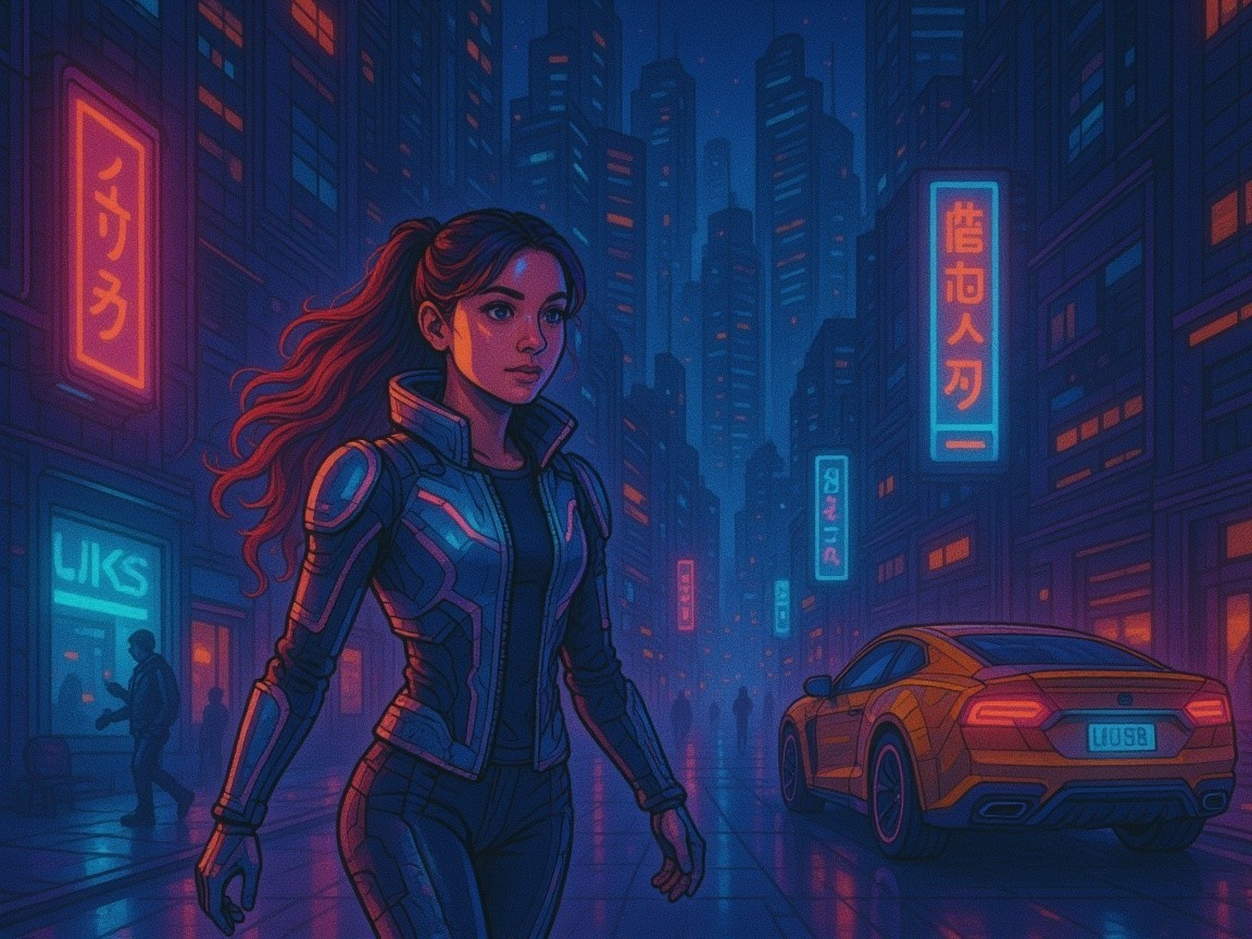 Futuristic Cityscape with Neon Signs and Rainy Streets