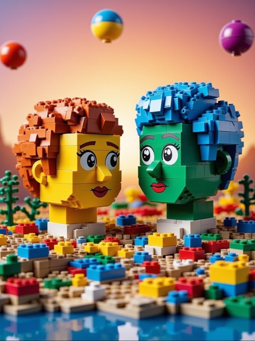 Colorful LEGO Characters Against Sunset Background