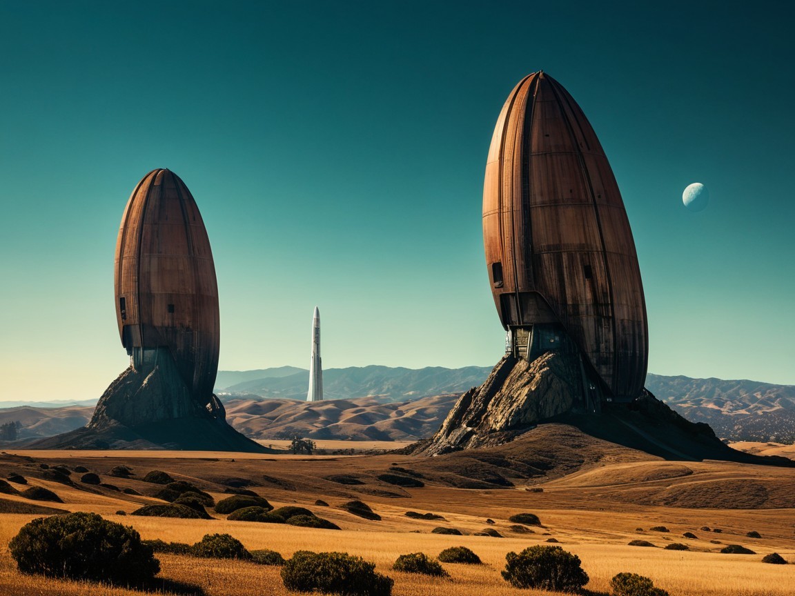 Surreal Landscape with Egg-Shaped Structures and Rocket
