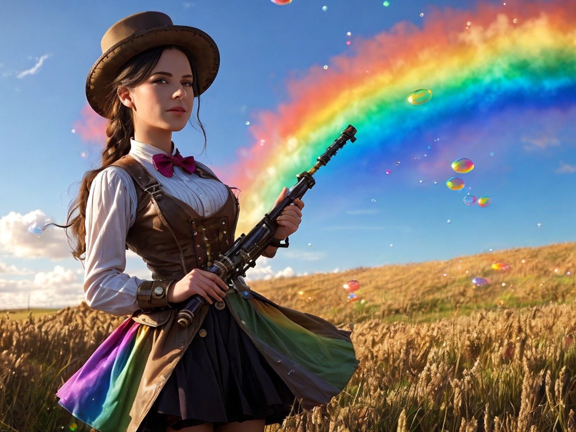 Confident Woman in Steampunk Outfit in Golden Field