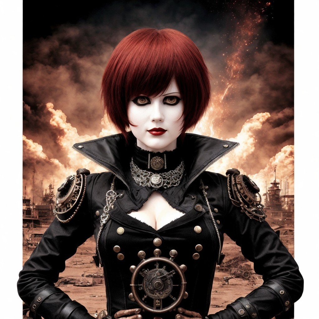Steampunk Character with Red Hair in Post-Apocalyptic Scene