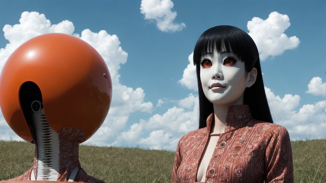 Futuristic Figures in Serene Landscape with Clouds