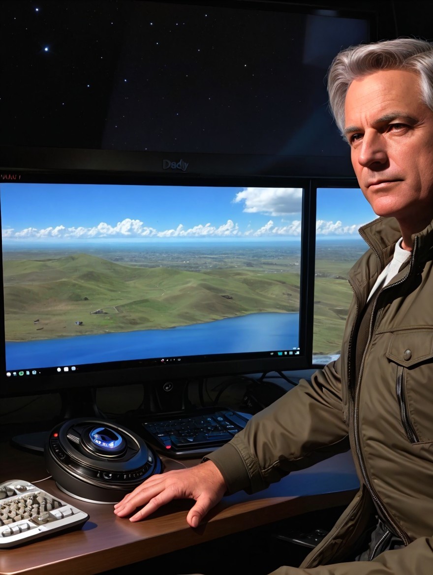 Man with Silver Hair at Desk with Dual Monitors