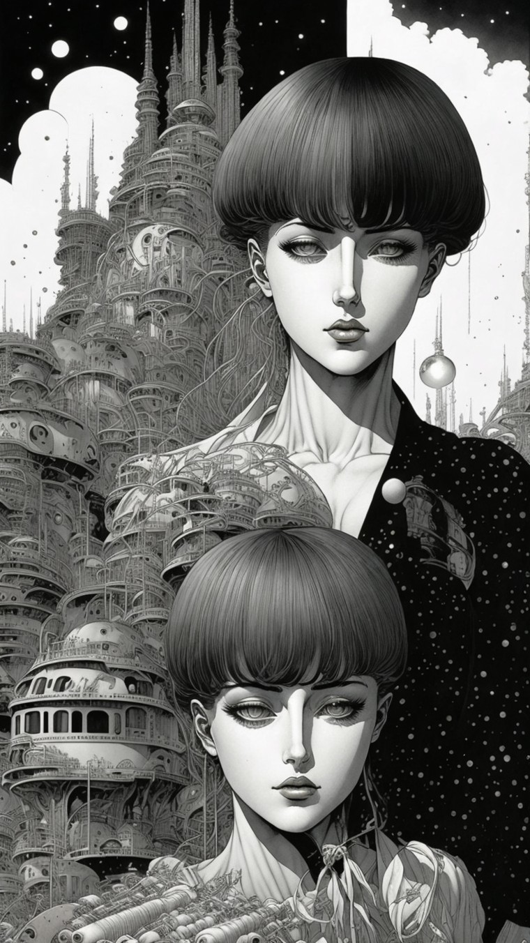 Stylized Figures in Futuristic Architectural Setting