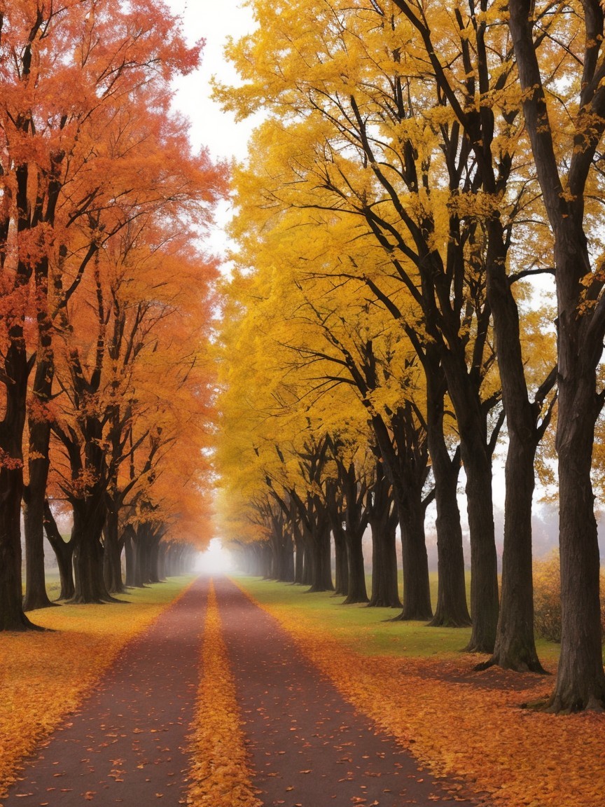 Serene Autumn Pathway with Vibrant Foliage and Fog