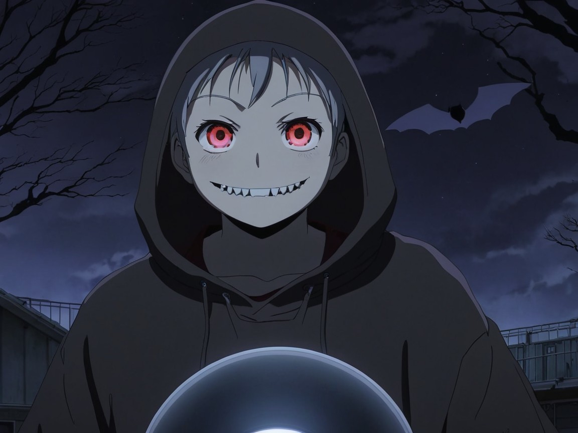 Character in Dark Setting with Red Eyes and Grin
