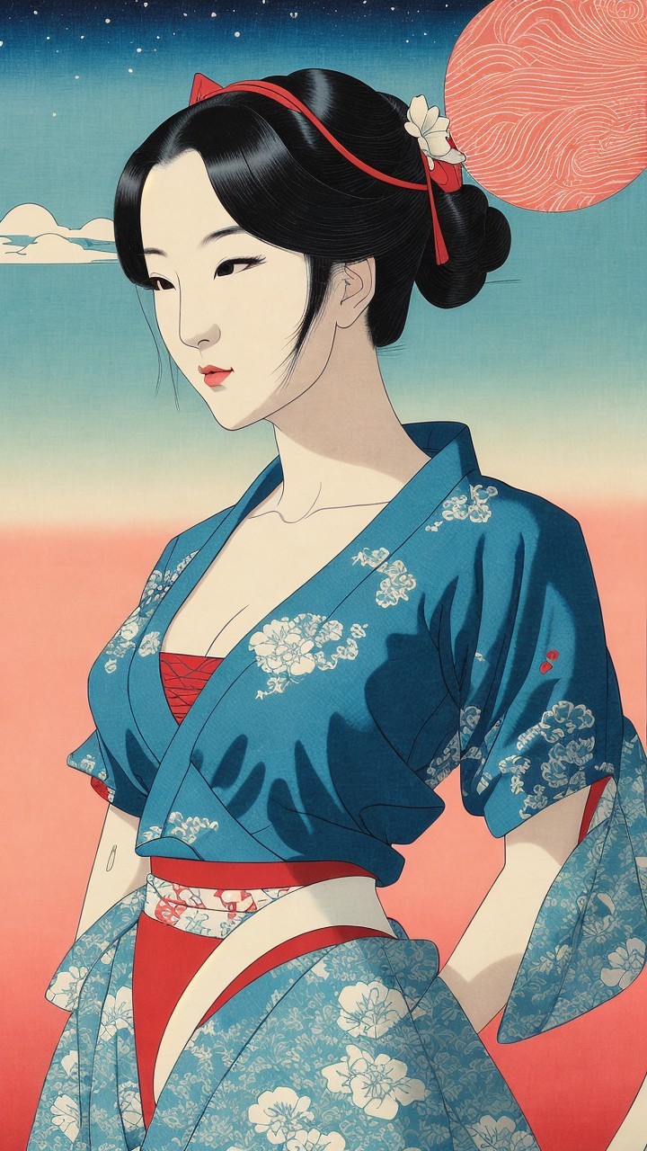 Traditional Japanese Woman in Floral Blue Kimono