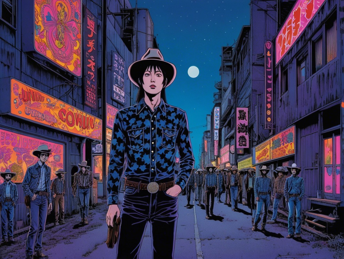 Neon-Lit Urban Street Scene with Cowboy Figures