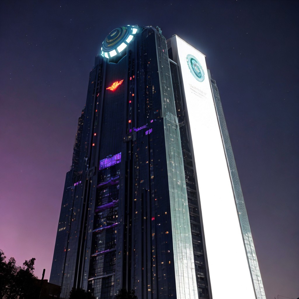 Modern Skyscraper with Neon Lights at Twilight