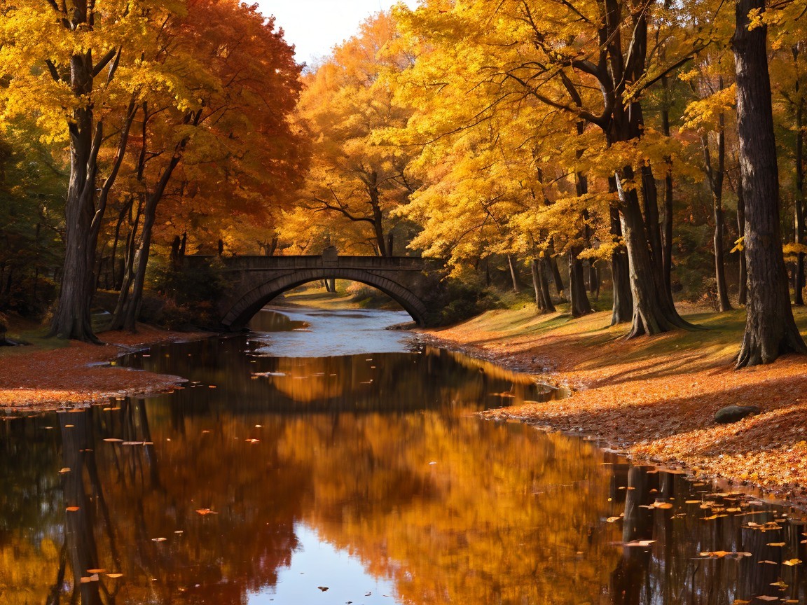 Autumn River Scene with Vibrant Trees and Bridge