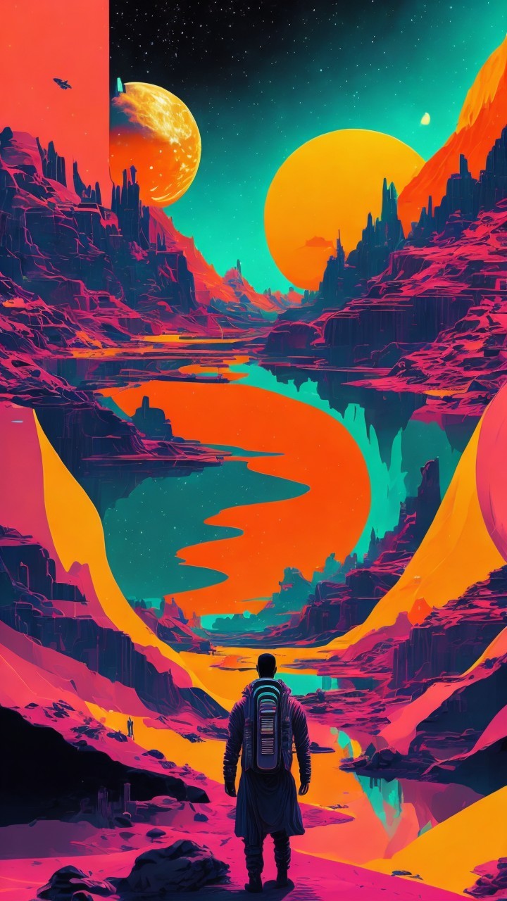 Man Trekking in Vibrant Alien Desert Landscape