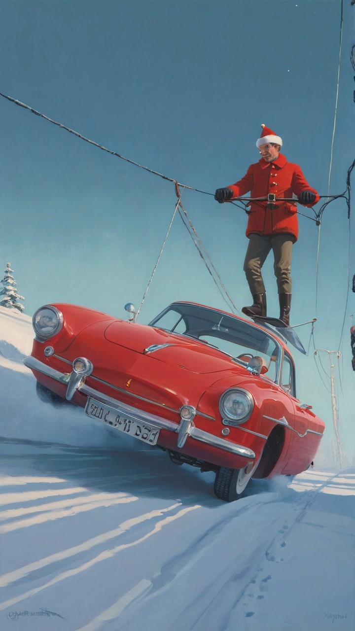 Vintage Red Car Balancing on Two Wheels in Snow