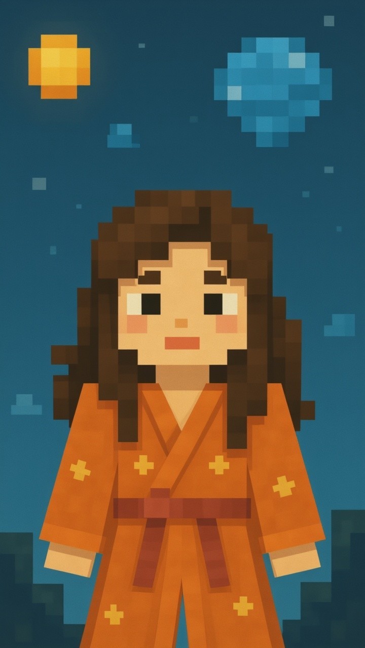 Pixel Art Character in Night Sky with Sun and Planet