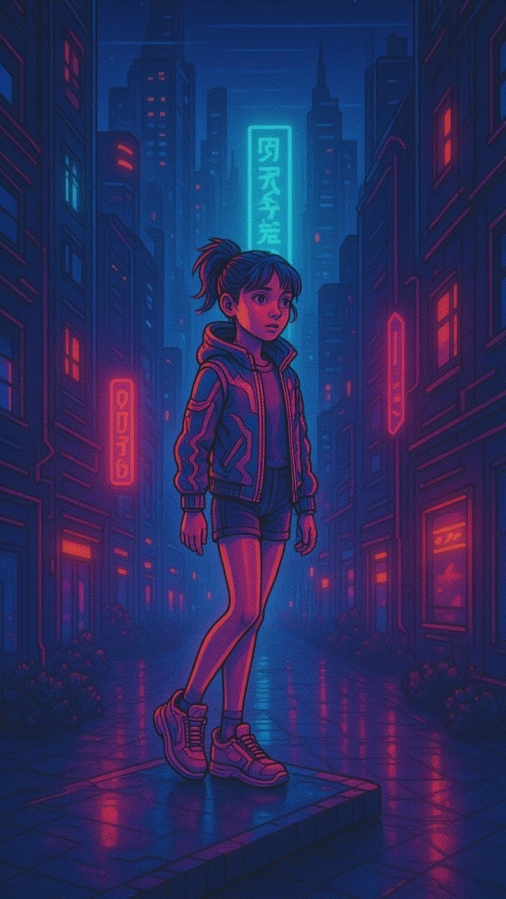 Neon-Lit Cityscape Featuring Confident Young Girl