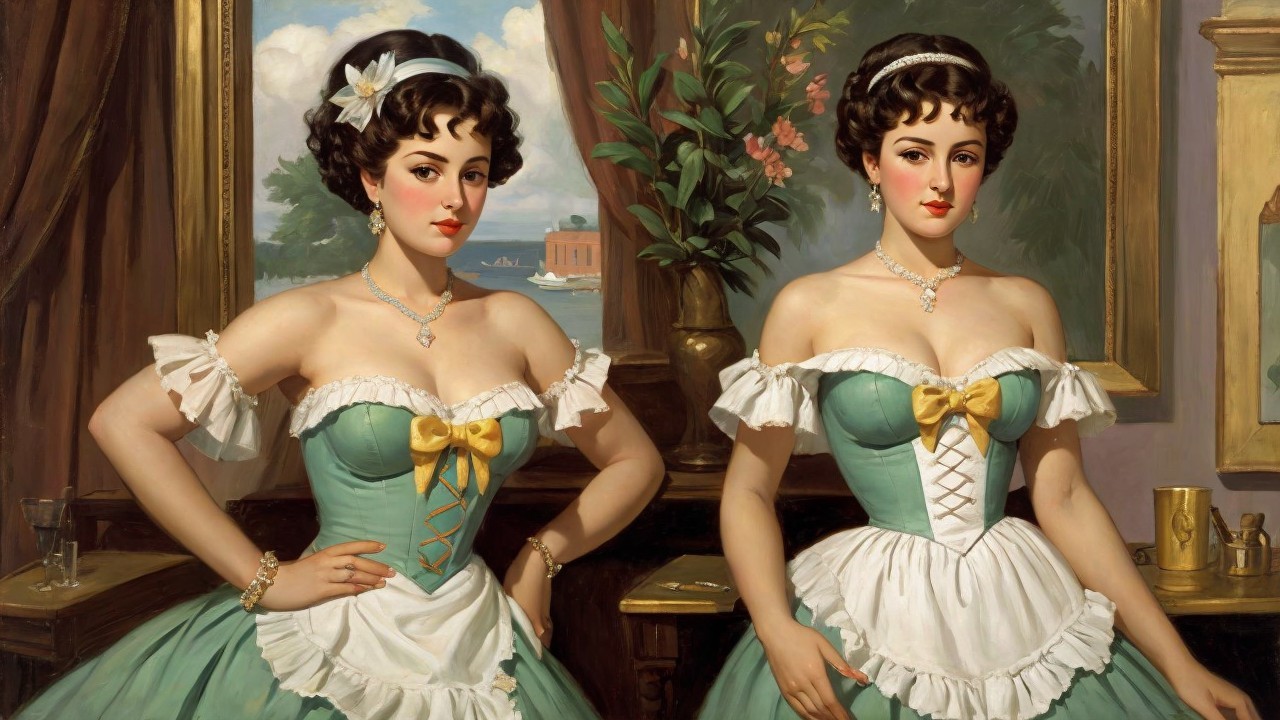 Elegant Women in Pastel Gowns with Lace and Bows