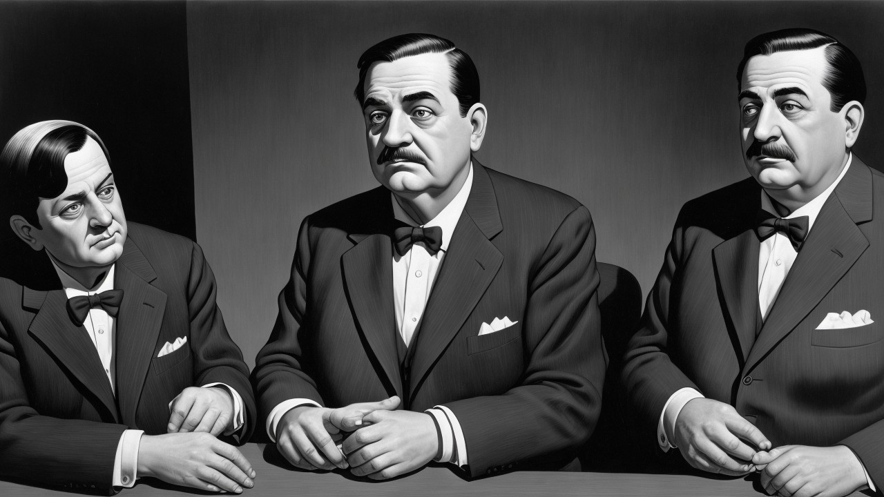 Three Men in Black Suits at a Table with Serious Expressions
