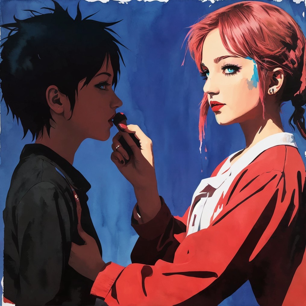 Two characters in a colorful setting applying lipstick