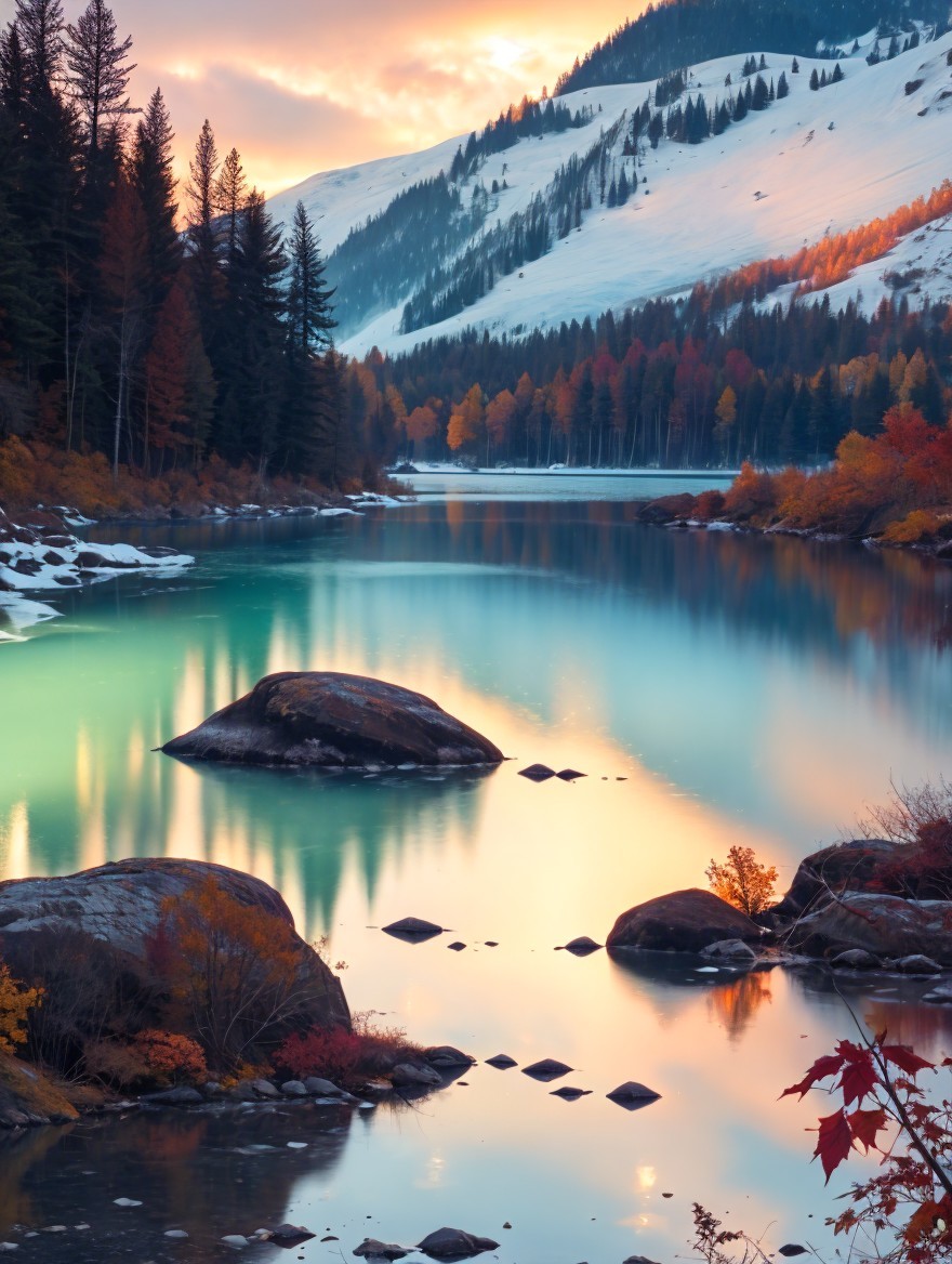 Serene Landscape with Calm Lake and Sunset Reflection