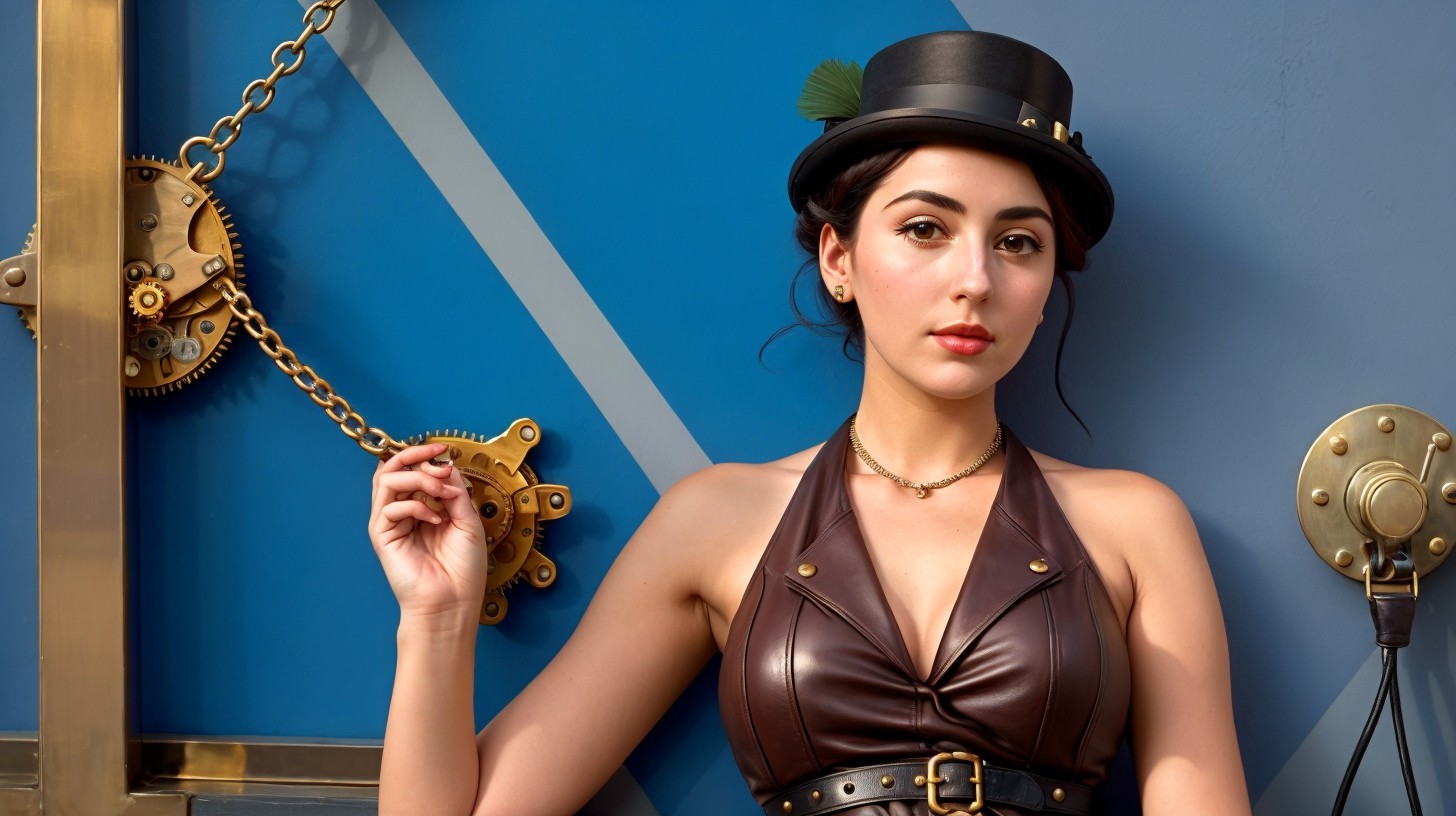 Close-up of a woman in steampunk attire against blue wall