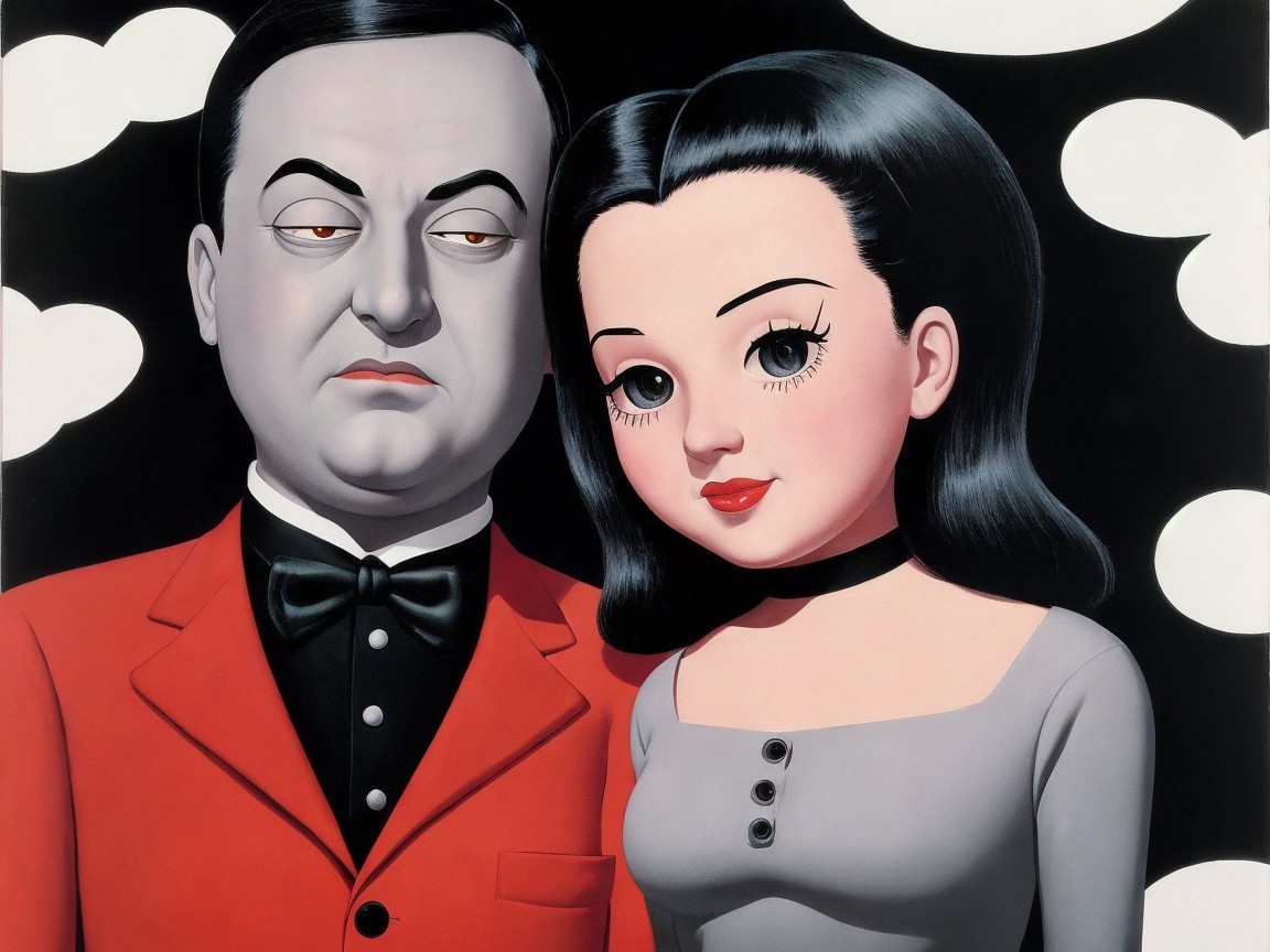 Stylized Portrait of Man and Girl on Black Background