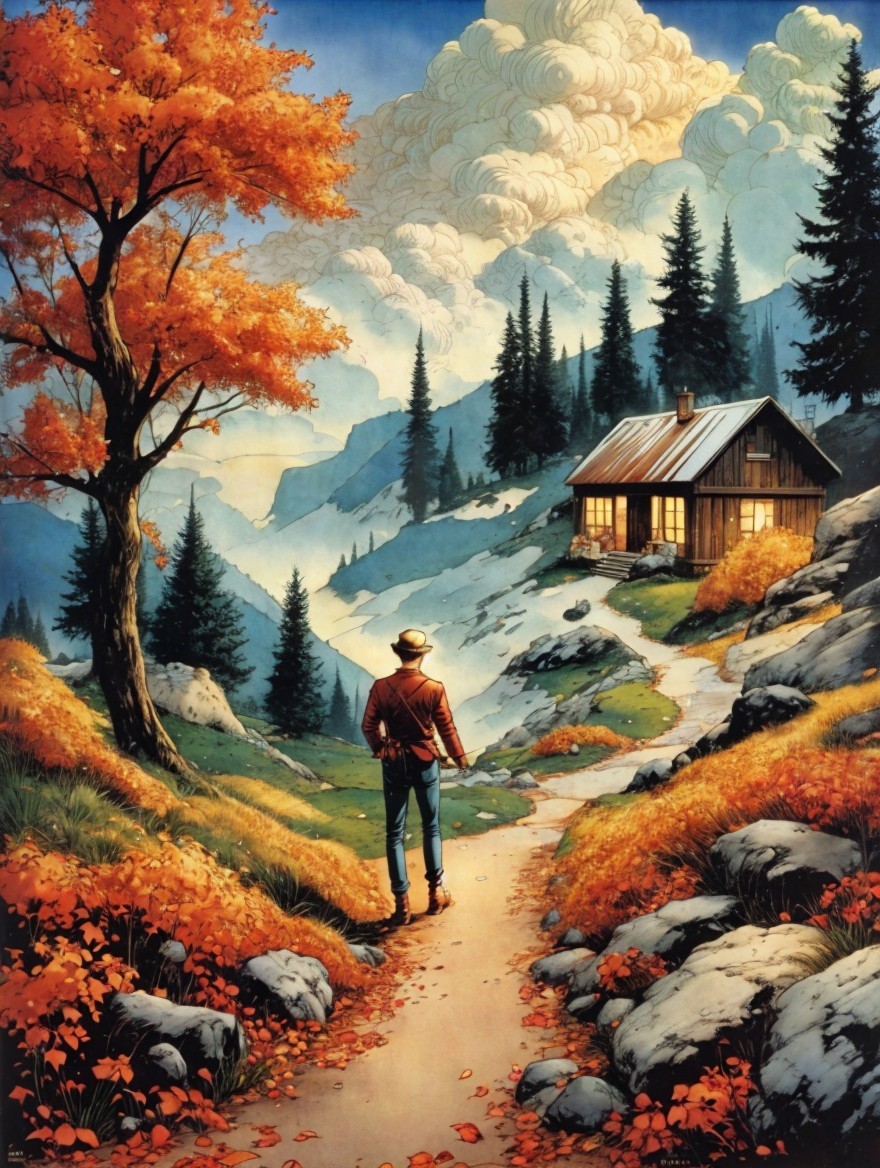 Cozy Cabin in Vibrant Autumn Mountain Landscape