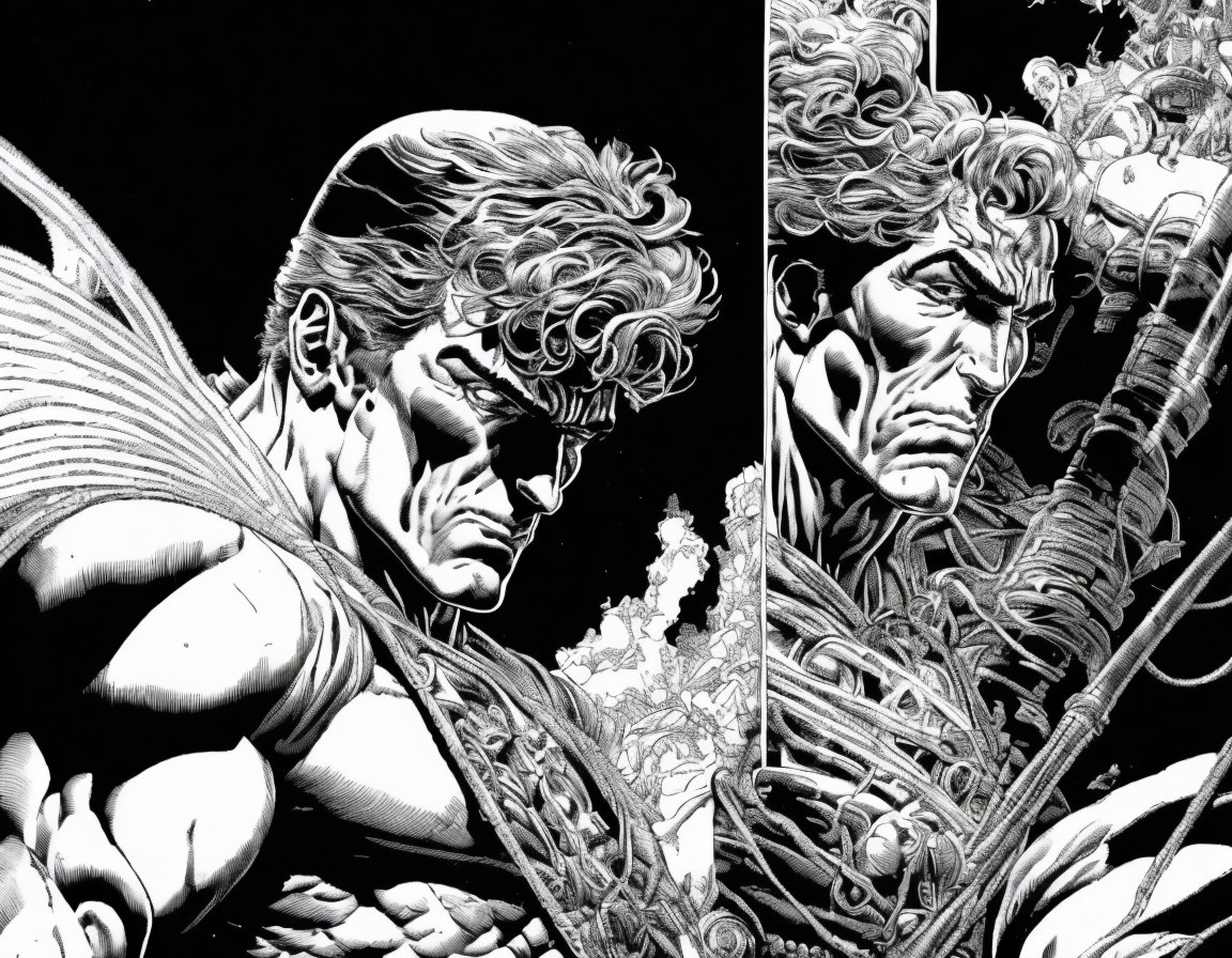 Muscular Superhero in Detailed Monochromatic Artwork