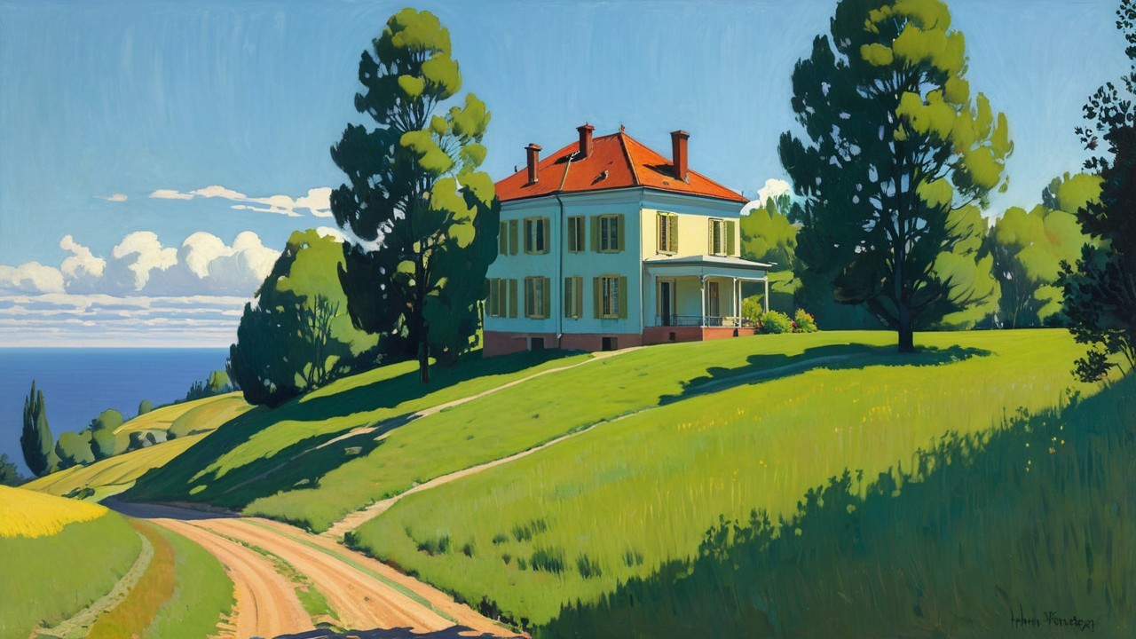 Serene Landscape with Yellow House and Blue Sky