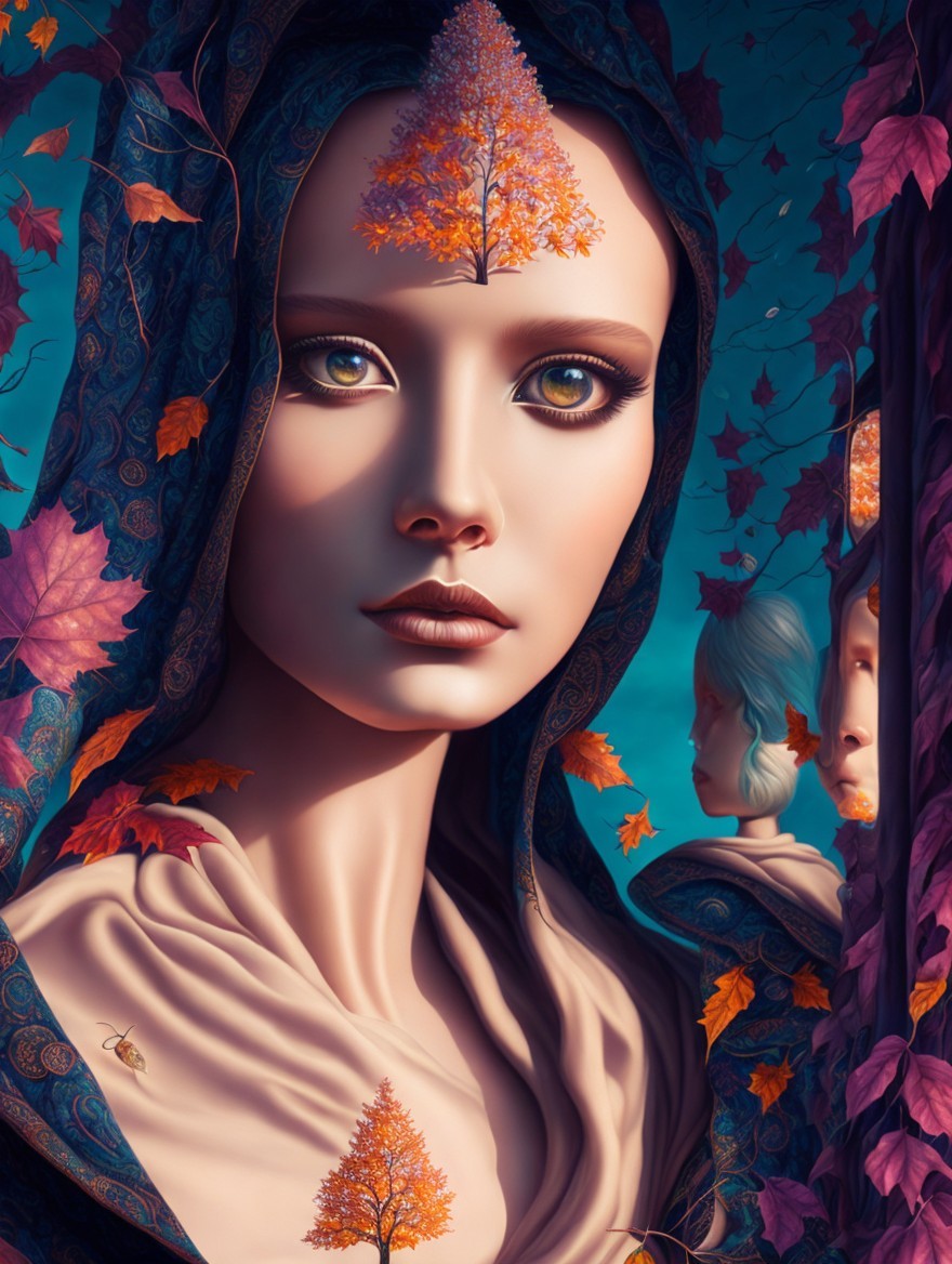 Mysterious Figure in Ornate Garment Against Blue Background