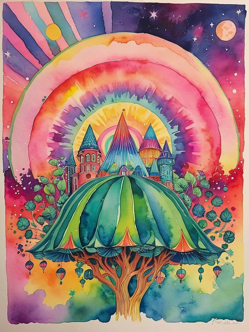 Vibrant Fantastical Landscape with Colorful Tree and Castles