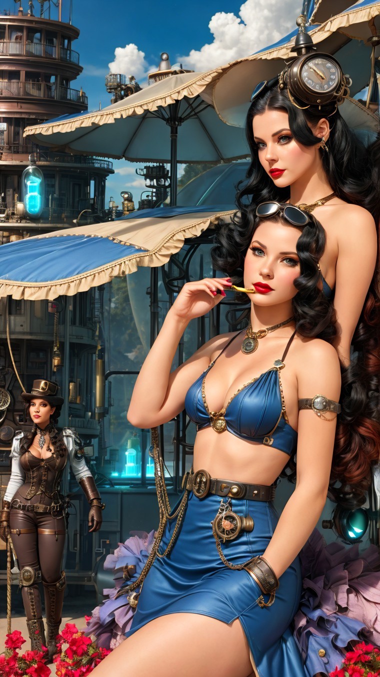 Three Women in Steampunk-Inspired Glamorous Attire