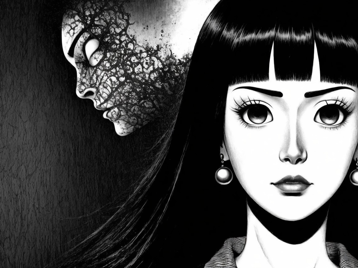 Black and white illustration of a contemplative woman