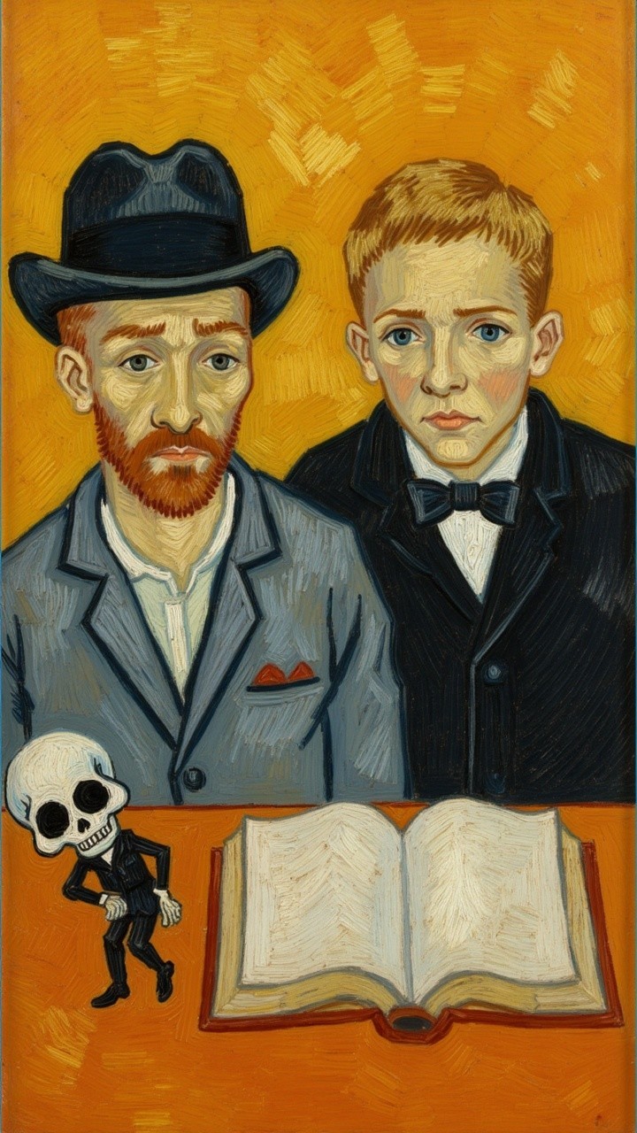 Two Men at Table with Book and Skeleton Figure