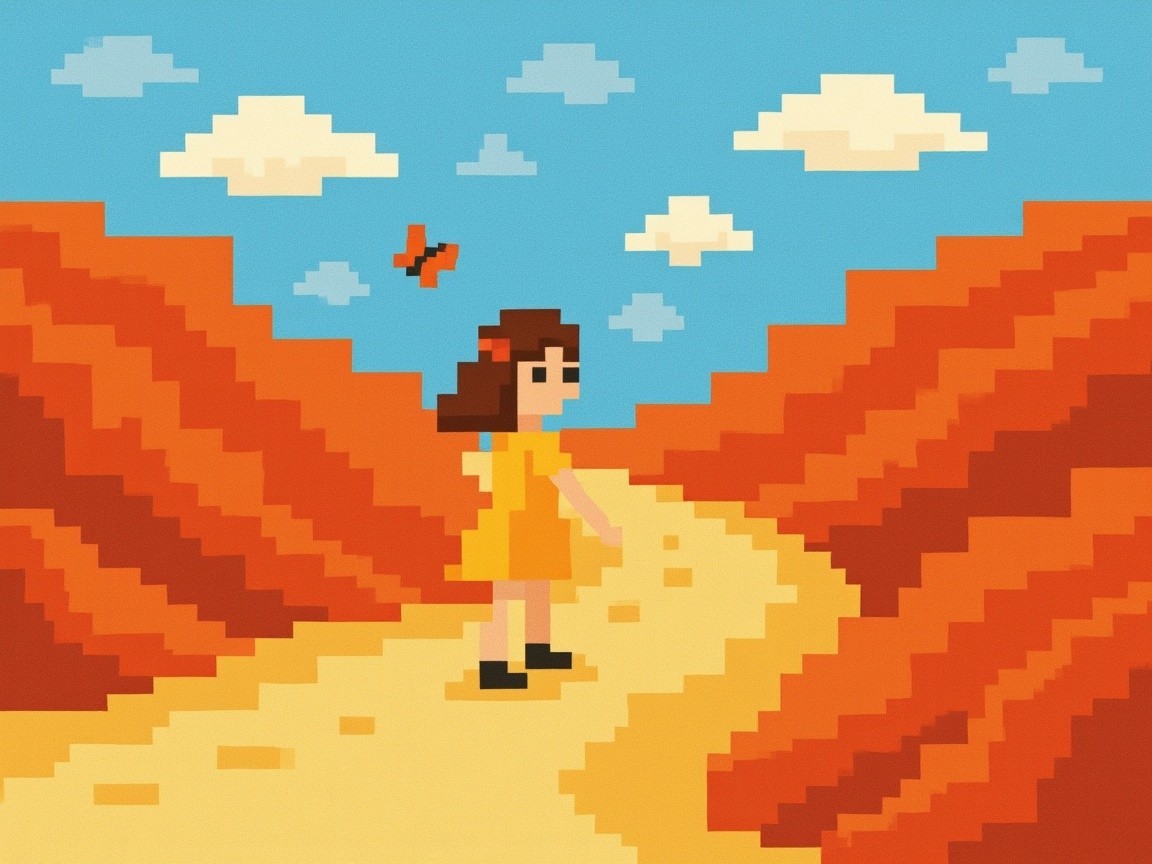 Pixel Art Scene of a Girl in a Yellow Dress in Desert