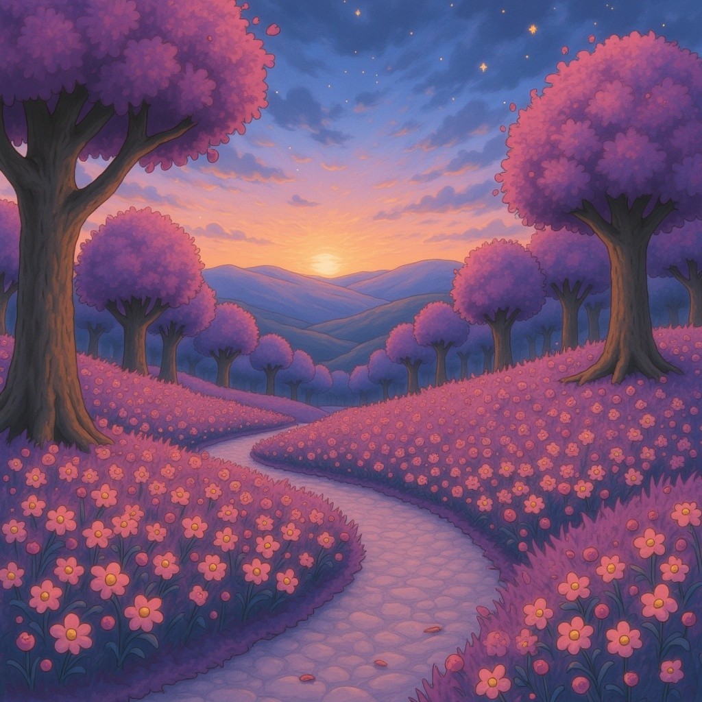 Twilight Landscape with Purple Trees and Sunset Glow