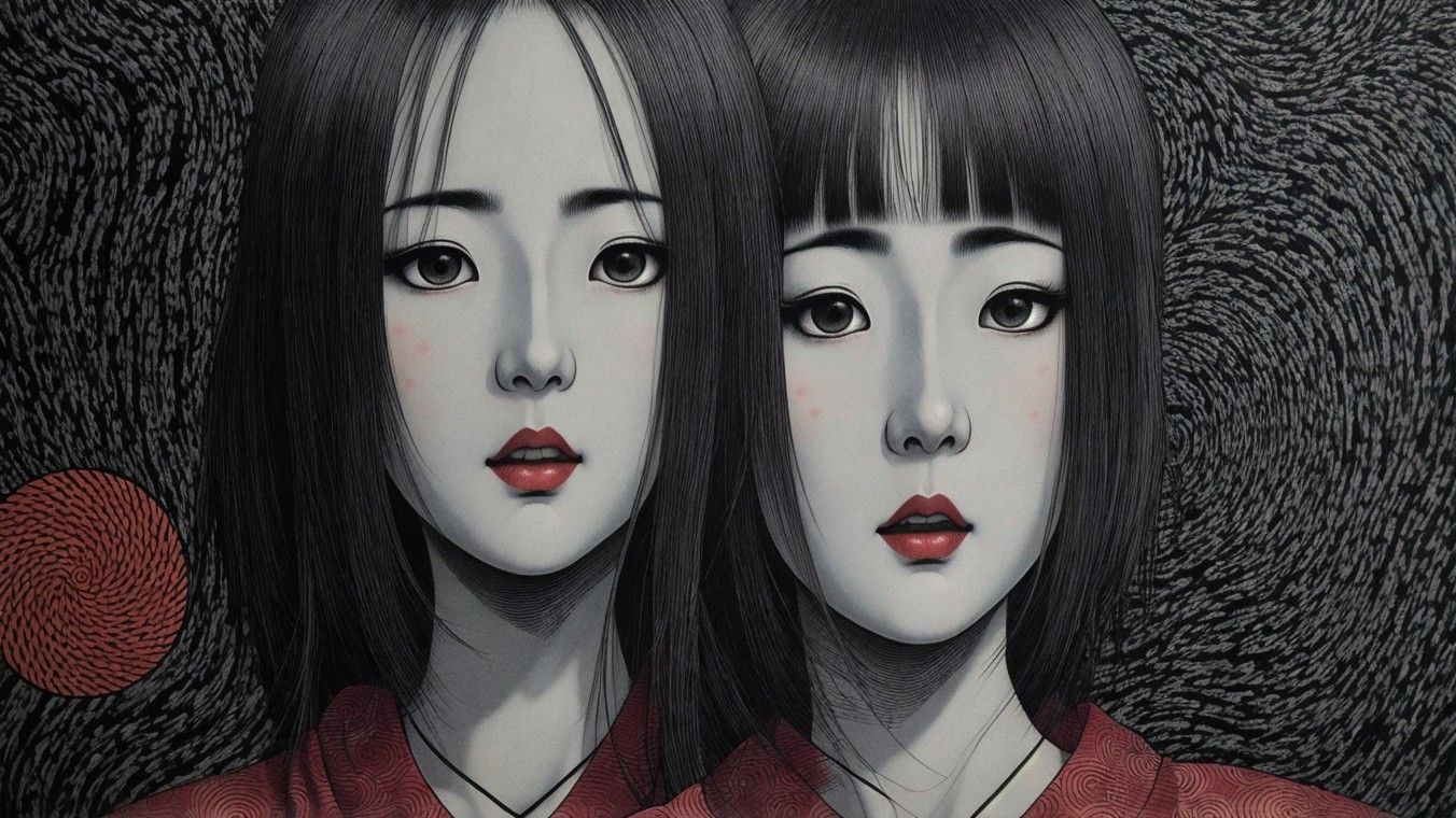 Ethereal Figures in Red Garments Against Dark Background