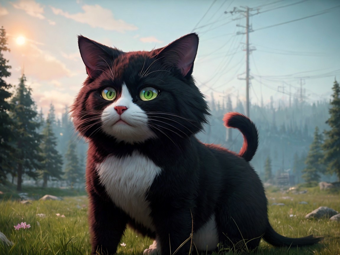 Fluffy Black and White Cat in a Green Field