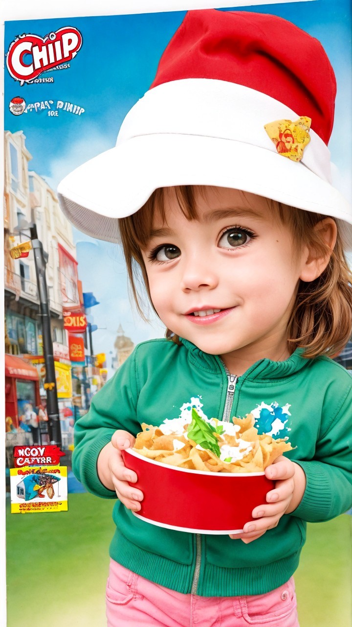Cartoon girl with noodles against a cityscape background