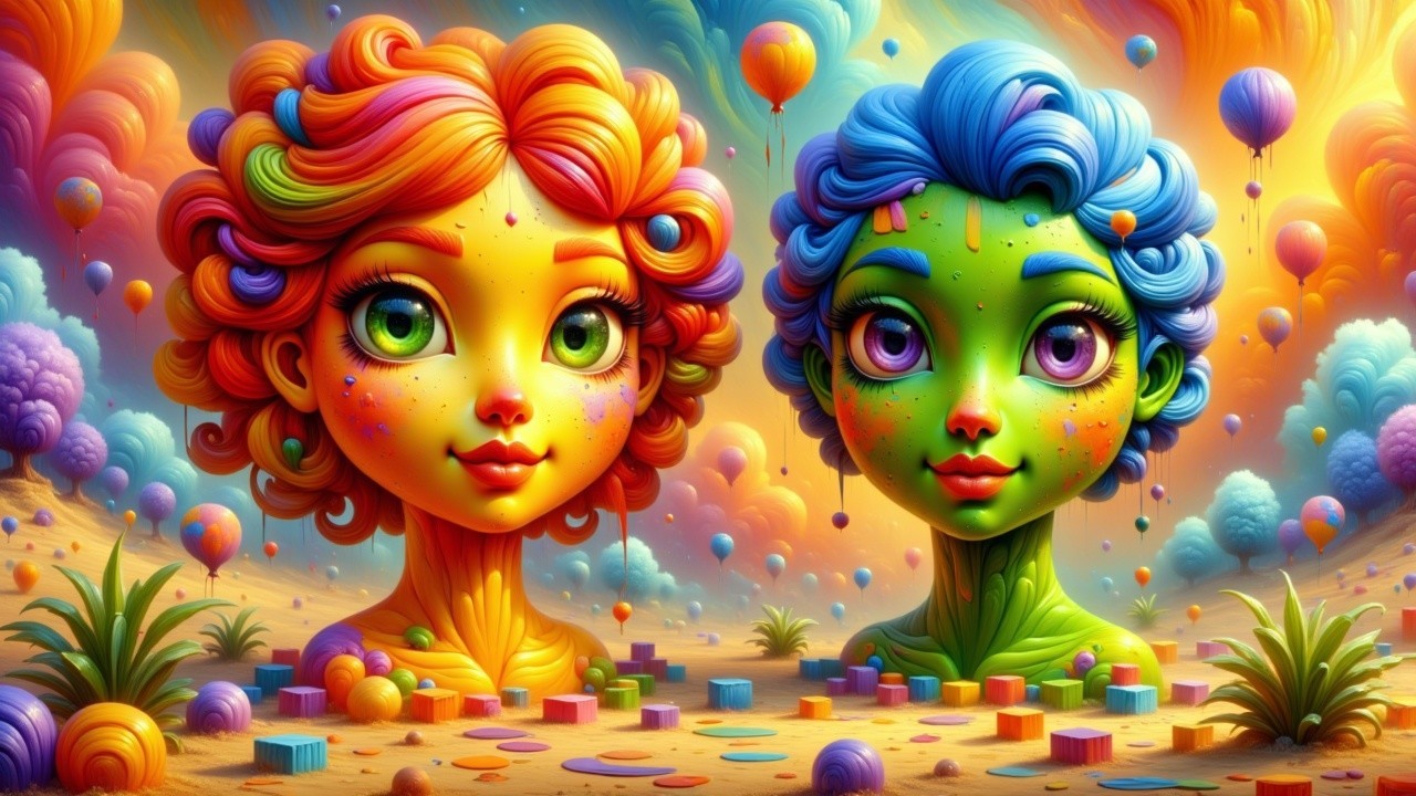 Colorful Whimsical Characters in Surreal Landscape