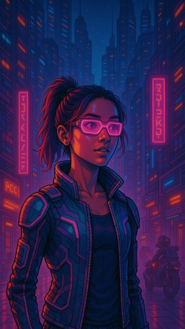 Futuristic Cityscape with Young Woman in Neon Lights