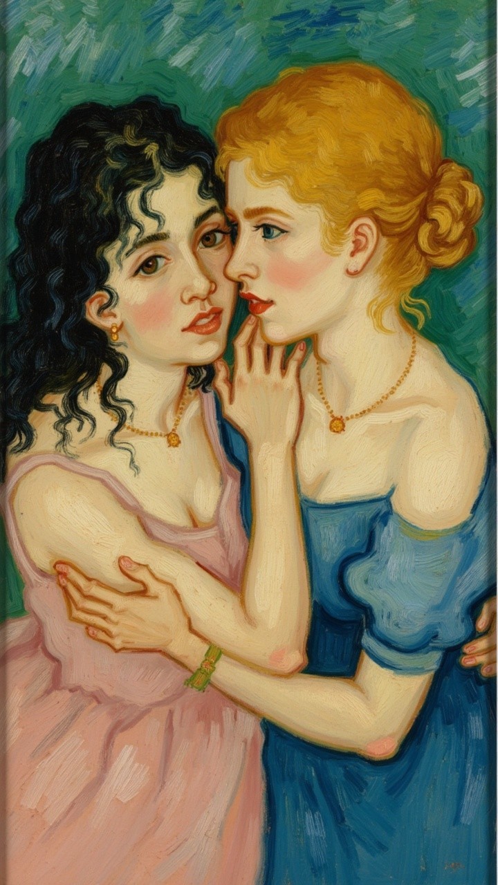 Two Young Women Sharing a Secret in a Vibrant Scene