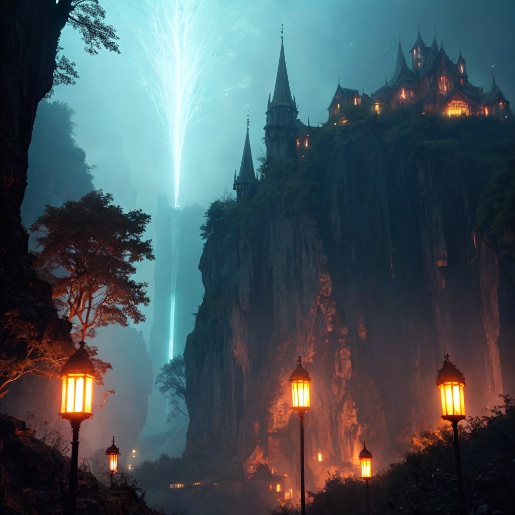 Mystical Landscape with Cliff and Castle at Night