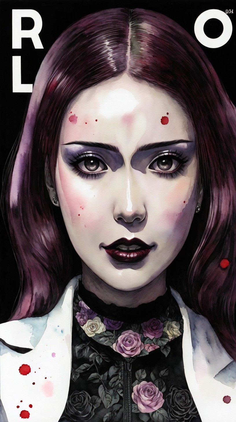 Digital Watercolor Portrait of Japanese Woman with Blood Splatter