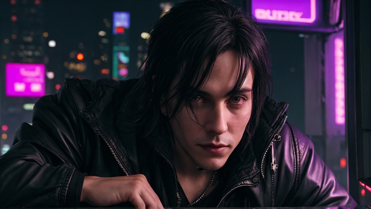 Brooding Figure in Futuristic Cyberpunk Cityscape